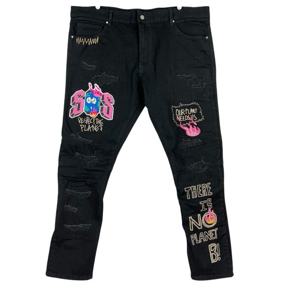 First Row Men's Future Distressed Slim Black Jeans Sz 42x32 Straight Stretch NWT - Picture 1 of 15